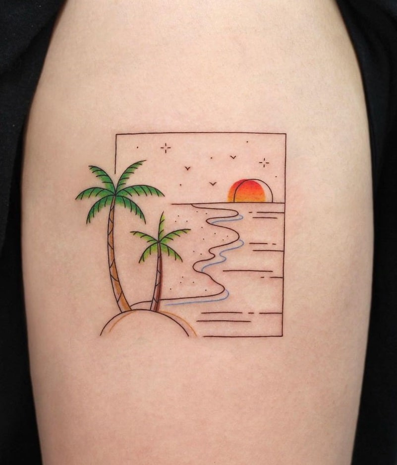 Tatuaje de puesta de sol y tatuaje de palmera