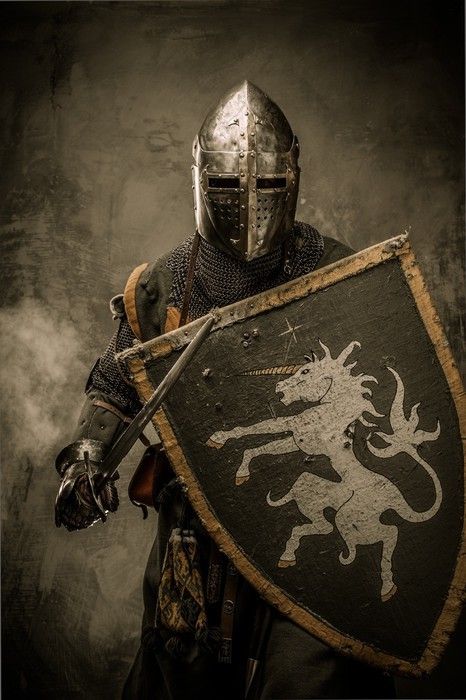 Caballero medieval con espada y escudo contra el muro de piedra